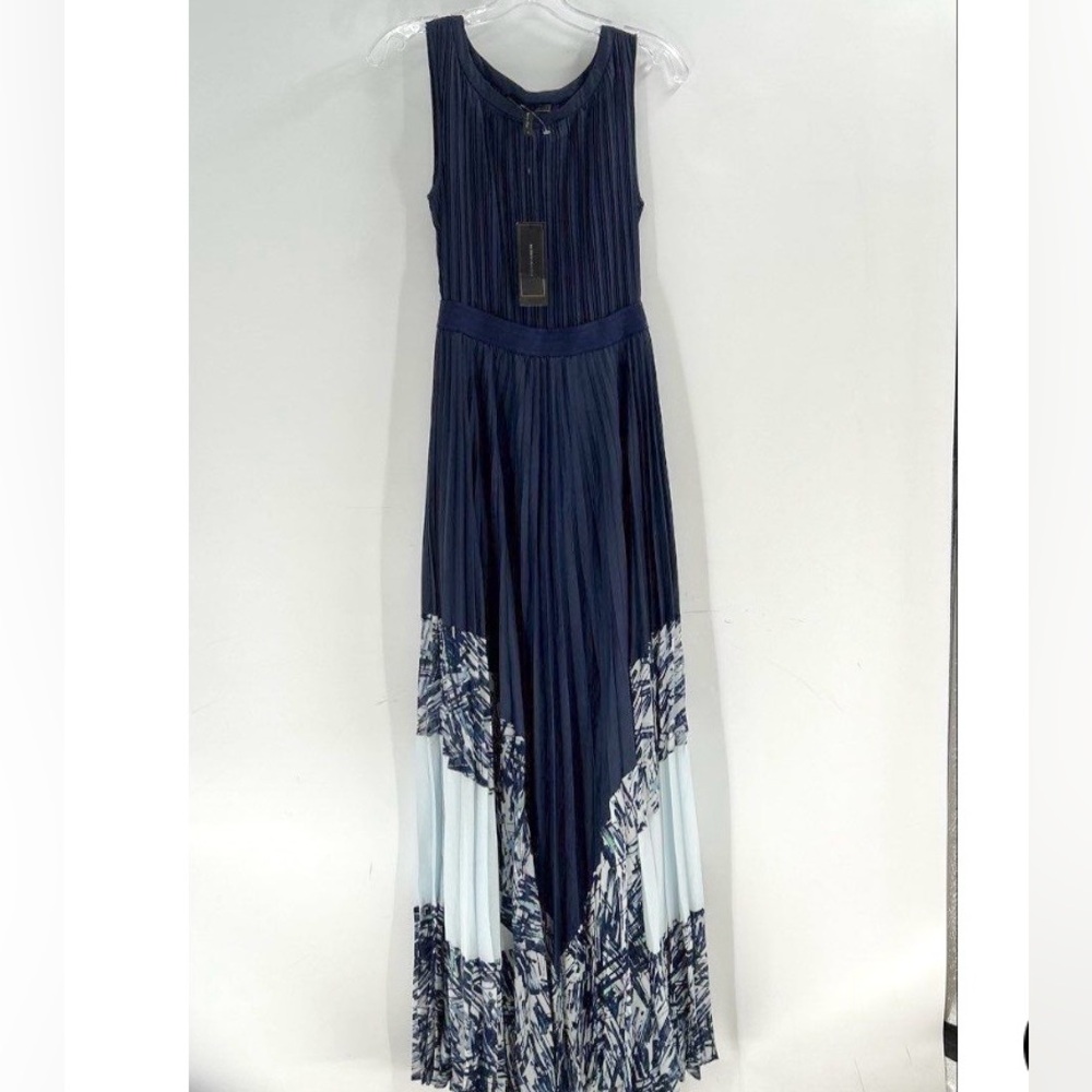 MaxAzria Navy Sleeveless Pleated Maxi Dress Gown Lt Blue Print Flowy S NWT
